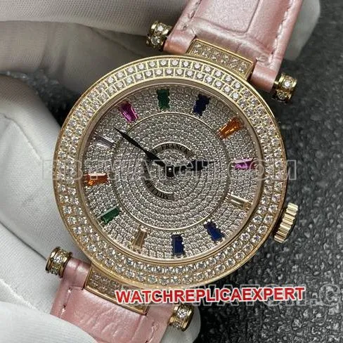 Franck Muller quartztop-tier watch ABF factory diamond plate gold diamond bezel pink leather braceletside live photo