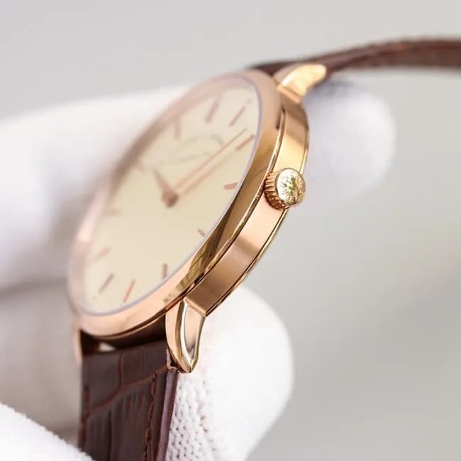 top-tier Lange SAXONIA series two-hand rose gold steel case front view