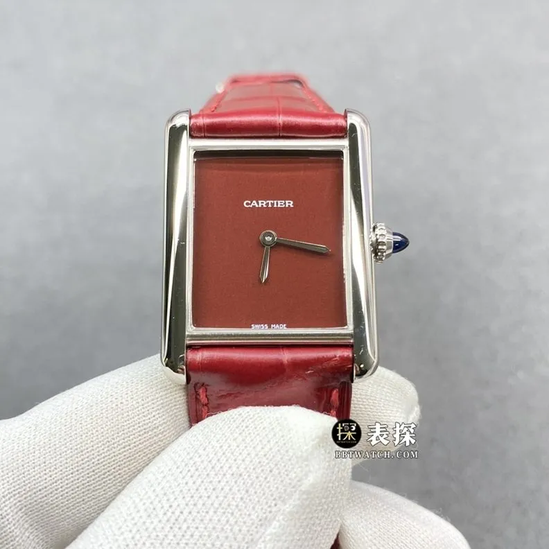 F1 factory Cartier tank watch ladies burgundy plate leather strap model picture and price caseback live photo