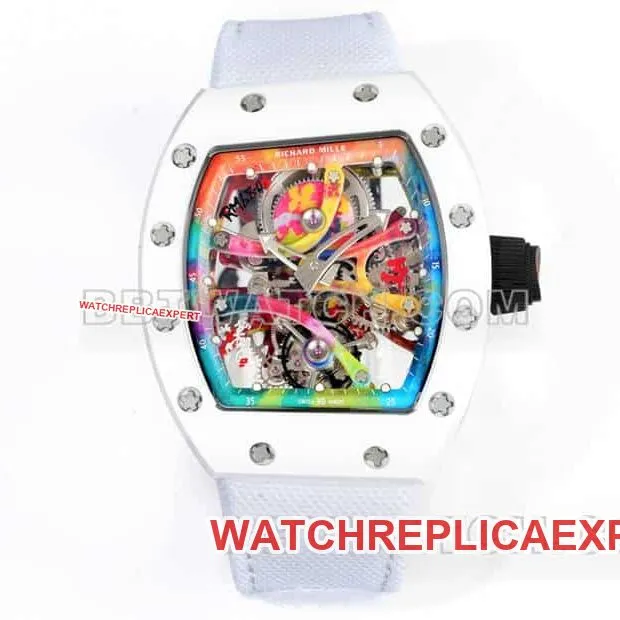 Richard Mille men's top-tier 1:1super graffiti tourbillon white leather RM 68-01caseback live photo