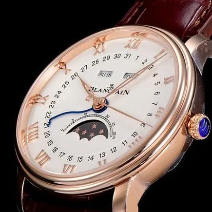 OM Factorytop-tier watch Blancpain men's white dial brown belt villeret classic 6654leather strap watch front view