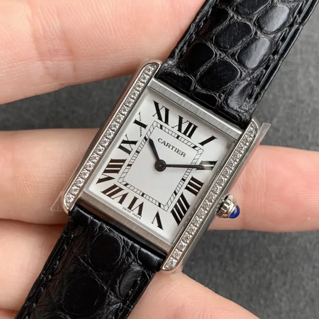 K11 factory top-tier watch Cartier women's white dial black belt tank series leather strap watch detail shots