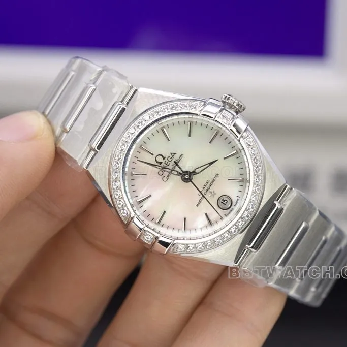 TWOmegareplica watch constellation women's model 29mm ring diamond mother-of-pearl face clasp details