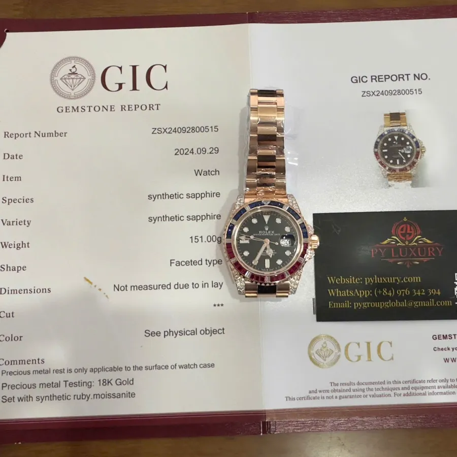 Rolex GMT-Master II 126755SARU 18K Gold Wrapped Custom Moissanite Synthetic Ruby & Sapphire Bezel 40mm