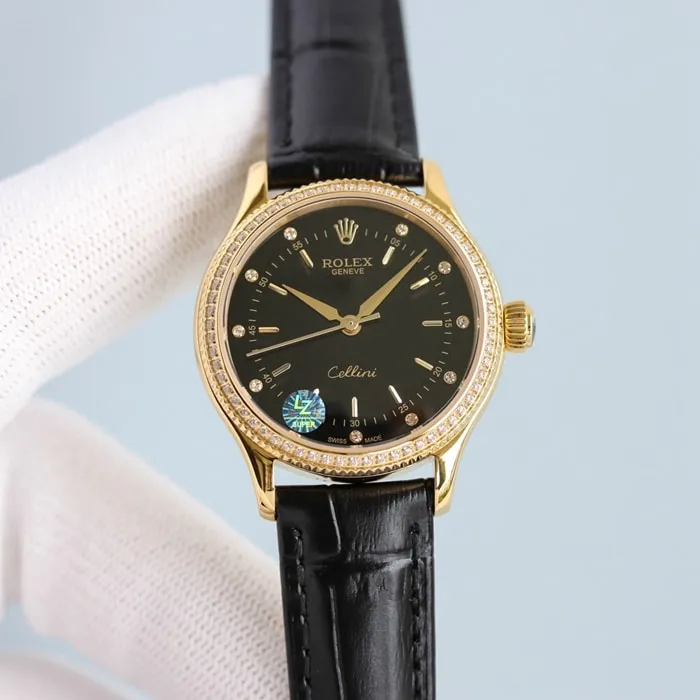 Top Rolex women's Cellini series leather strap watch, black dial, side view
