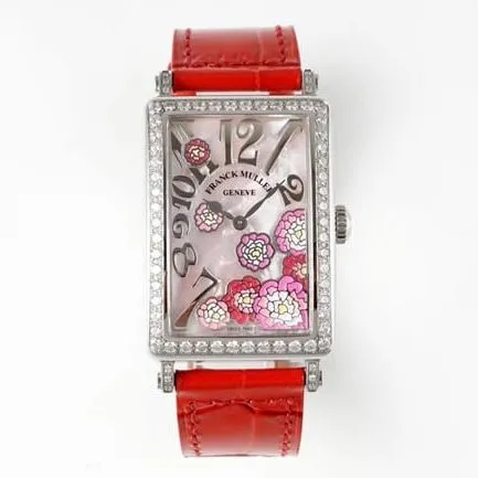 ZF Factory Frank Muller top-tier watch quartzLONG ISLAND series ladies white dial red band watch front view
