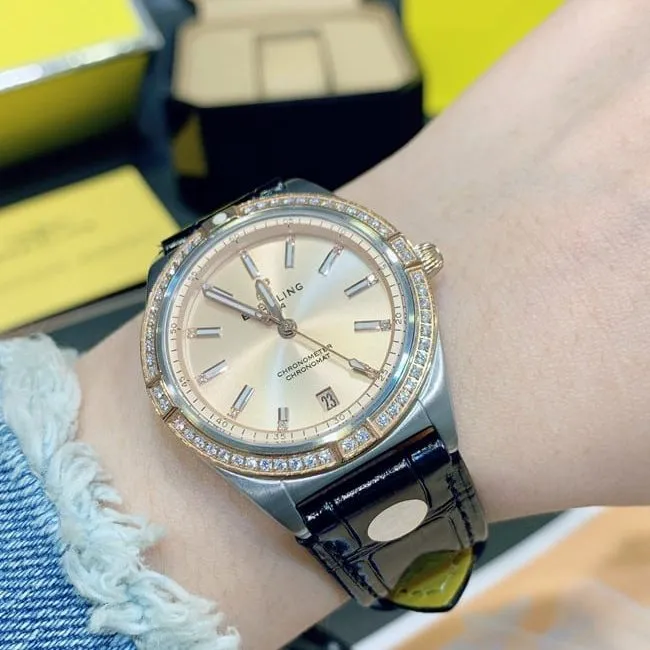 top-tier replicaBreitlinghigh-quality ladies gold plate black belt full automatic movement Nanhai capsule series leather strap watch side view