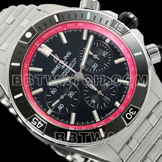 Breitling's collectible watch TF factory mechanical chronograph black and red plate 44mm steel bracelet front live photo
