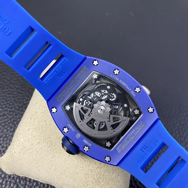 top-tier watch Richard MilleRM030 men's black dial blue rubber strapautomatic movement watch side view