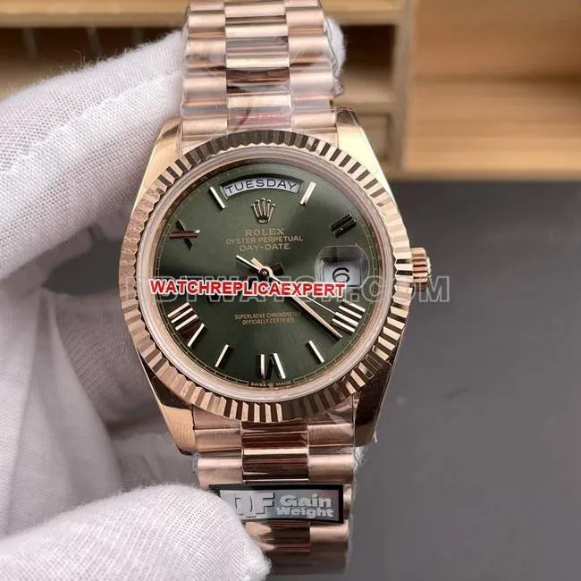 top-tier watch QF factory RolexDay-Date olive green dialrose gold40mmside live photo
