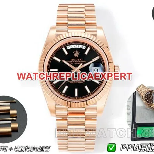 1:1replica watch Day-DatePPM factory Rolex mechanical black dialrose goldcaseback live photo