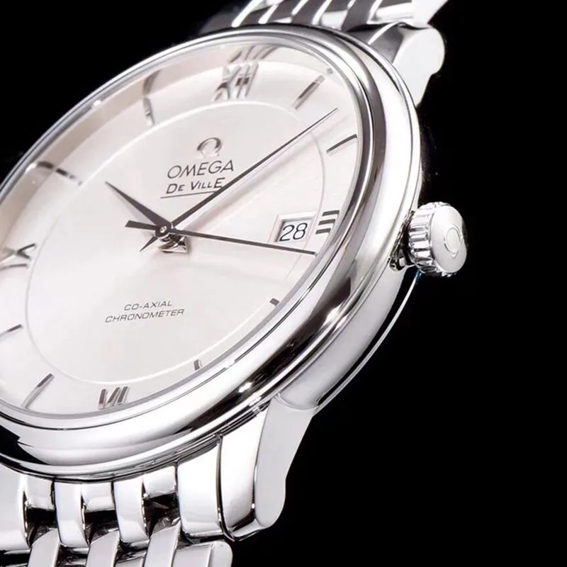 high-quality replicaOmega watch De Ville series men's mechanical ultra-thin watch white steel white face side view