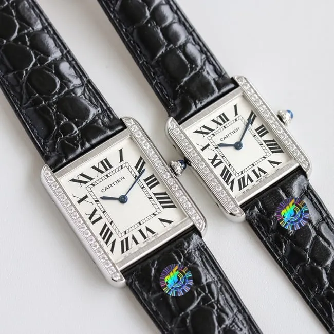 3WF factory Cartiertop-tier watch tank series couple ladies white dial black belt quartzleather strap front view