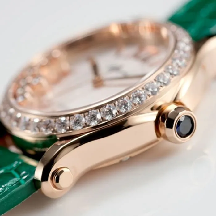 top-tier watch Chopard women's white dial green strap happy diamond series mechanical leather strap watch front view