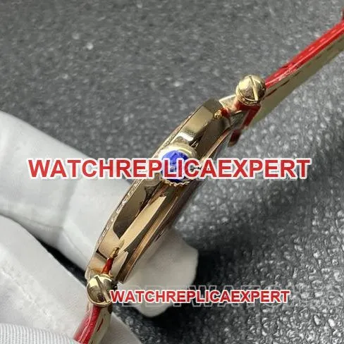 collectible watch frank mill quartz ABF factory black dial gold diamond bezel red leather braceletbraceletlive photos