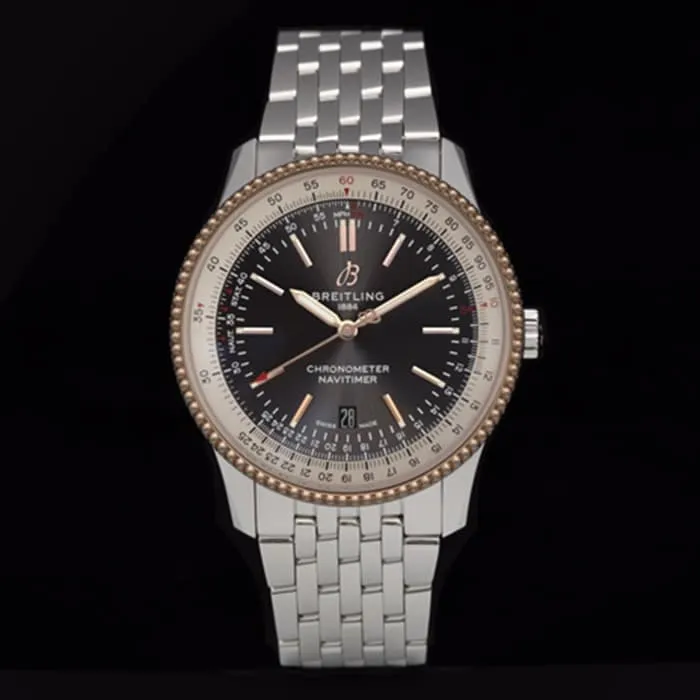 top-tier watch Breitling men's black dial aviation chronograph1 series steel bracelet watch front view