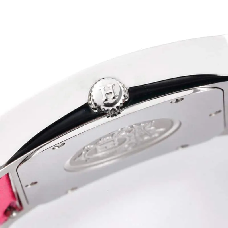 top-tiersuper cloneHermès ladies' watchHeureH series quartz square fashion watch pink braceletwhite dial side view