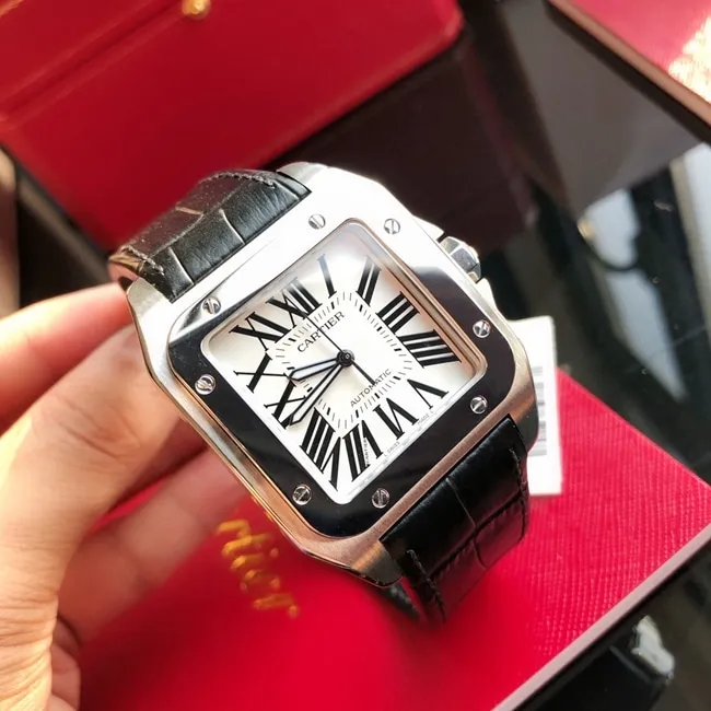 top-tier watch Cartier men's white dial black belt fully automatic movementleather strap watch side view