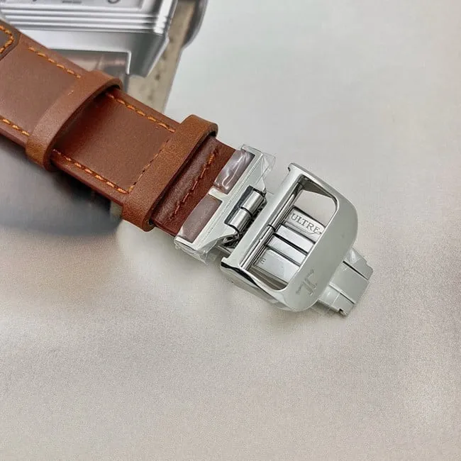 Jaeger-LeCoultretop-tier watch flip series manual winding white dial brown belt watch side view
