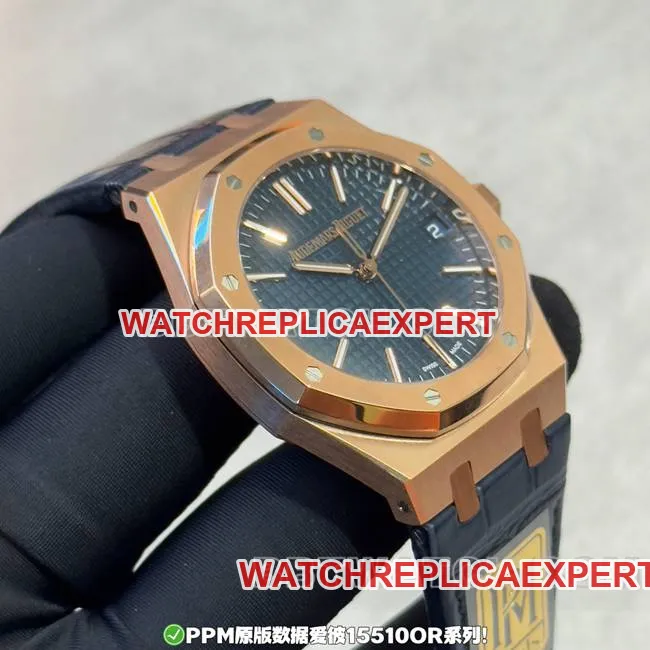 collectible watch PPM factory Royal Oak Audemars Piguet blue dial rose gold leather strap buckle real shot photos