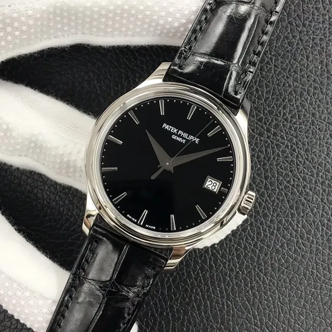 3k factory top-tier watch Patek Philippe men's black dial black belt automatic movementleather strap watch side view