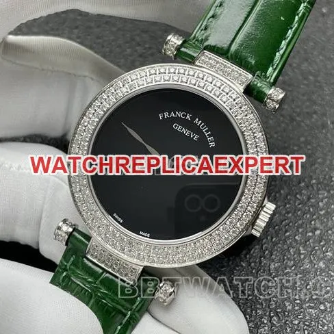 collectible watch frank mill quartz ABF factory black dialdiamond bezel green leather braceletside live photo