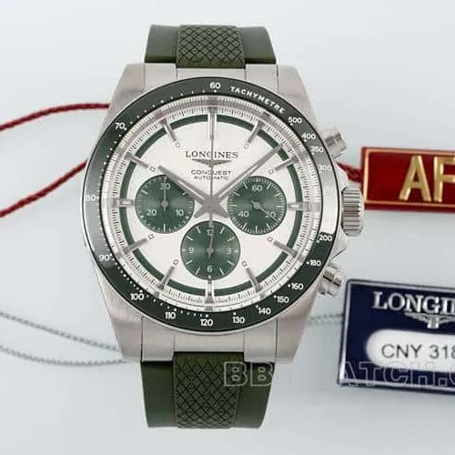 AF Longines Concast stop-tier silver gray dial green rubber model L3.835.4.02.9caseback live photo