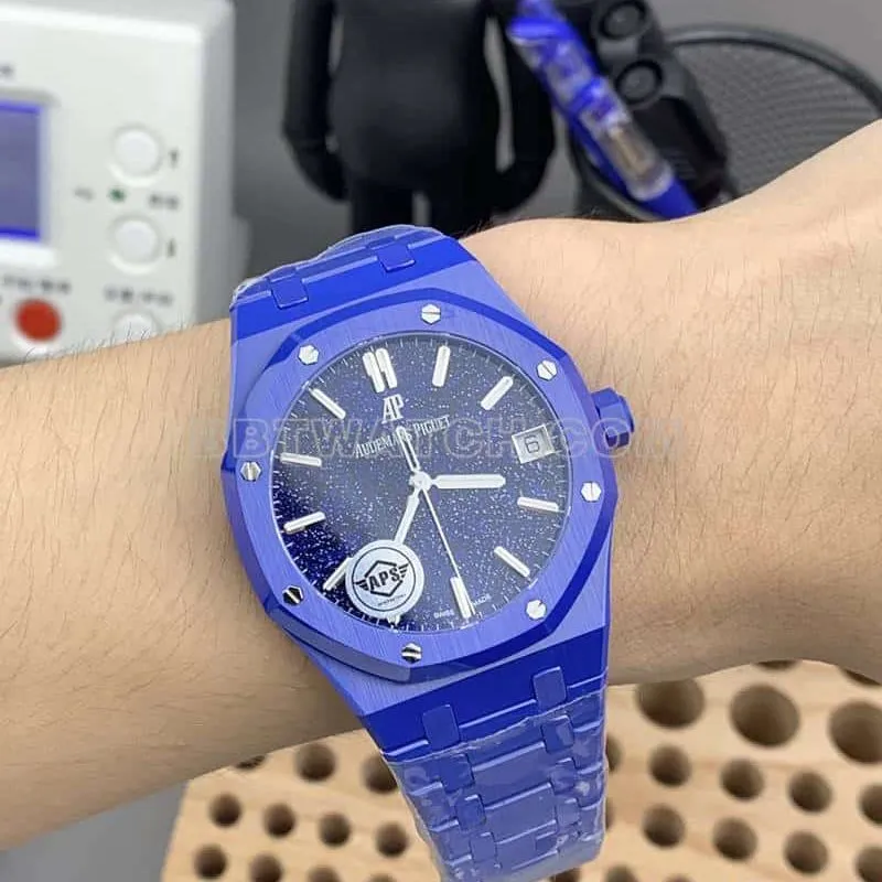 APS factory Audemars PiguetRoyal Oaktop-tier 1:1high-quality starry sky disk blue ceramic15500 wearing live photos
