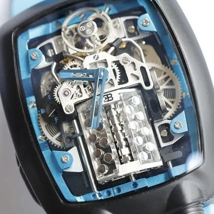 top-tier Bugatti Veyron watch men's black dial blue rubber strap mechanical watch detail shots