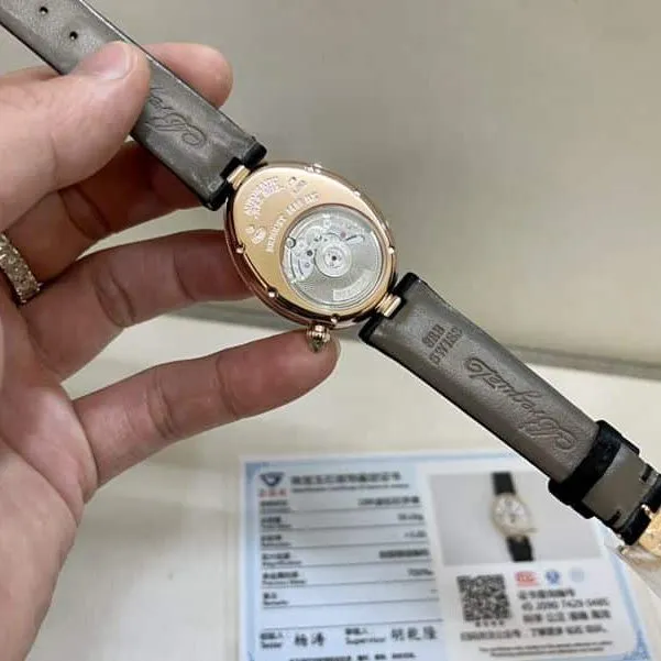 Real gold and real diamond Baoji top-tier watch queen series rose gold ladies diamondleather strap watch front view