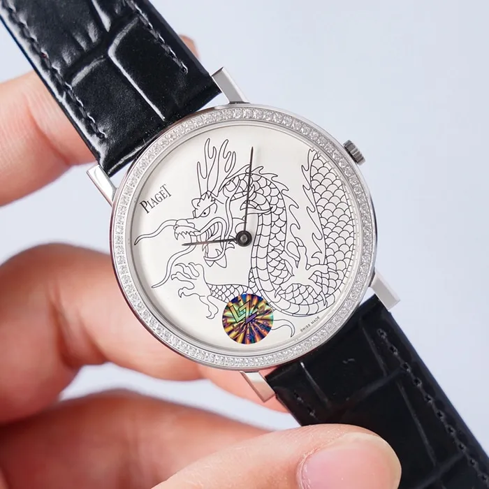 Top-tier watch Piaget men's white dial dragon and phoenix series leather strap watch side view