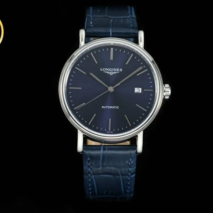 Top collectible watches Longines Men's Blue Plate Blue Strap CURLY Series Belt Watch Side View