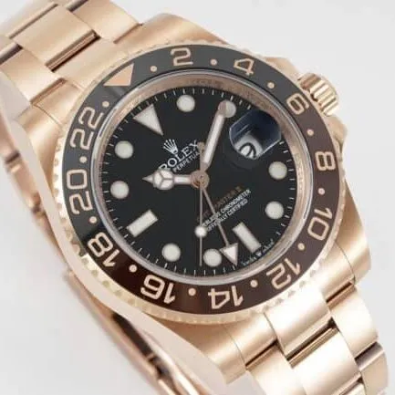 GS factory top-tier watch Rolexrose gold black bottom men's mechanical watch GMT-Master Sarsaparilla ring front view