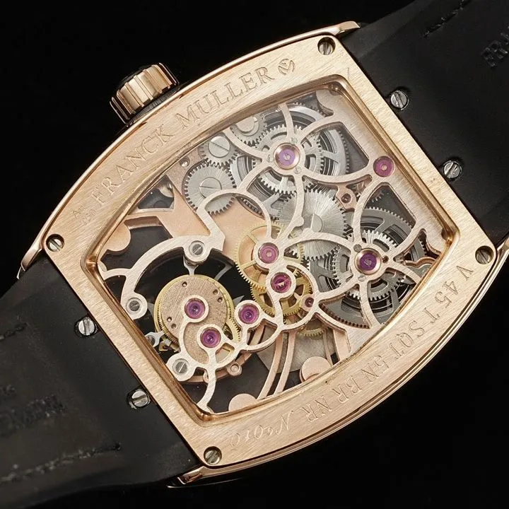 RMS factory Frank Muller men's watch black dialrose goldleather strap model V45caseback live photo