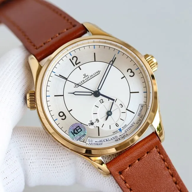 TW factory top-tier replicaJaeger-LeCoultre geographer master series rose gold color steel case red leather strap watch clasp picture