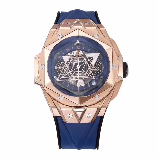Top blue dial Hublot watch new II tattoo second generation wristwatch front view