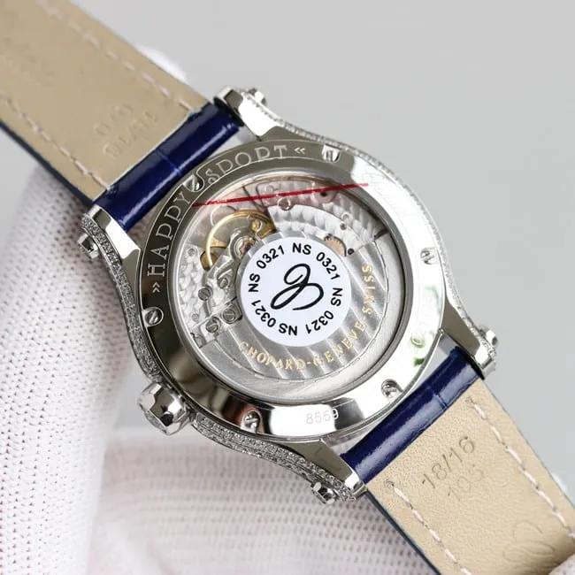 top-tier replicaChopardhigh-quality watch women's blue dial blue belt new chopard Happy Sport series mechanical leather strap front view