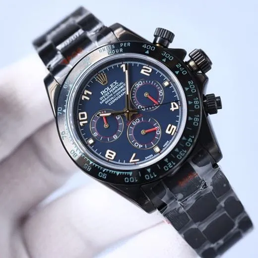 top-tier replicaRolex men's watch men's blue dial black belt multifunctional mechanical side view