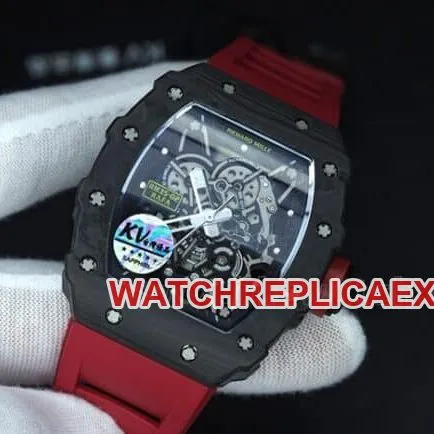 top-tier watch Richard Millerm53 carbon fiber men's black dial red strap hollow mechanical watch side view