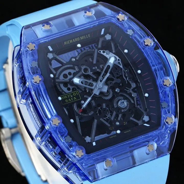Richard Mille men's top-tier 1:1high-quality watch blue transparent hollow plate blue rubber model RM35-01side live photo