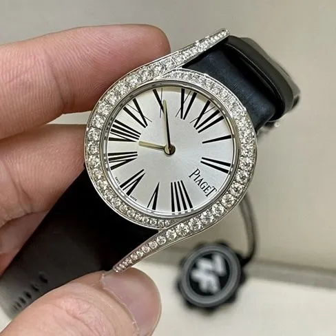 ZF factory top-tier Piaget high-quality watch women's white dial black belt South African real diamond leather strapquartz watch front view