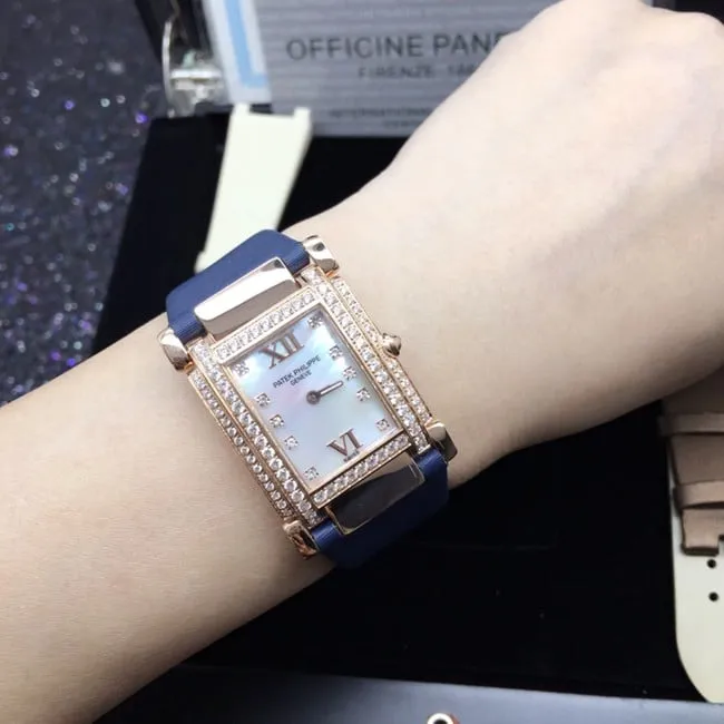 AW factory real diamond replicaPatek Philippewhite dial blue belt ladies' watch front view