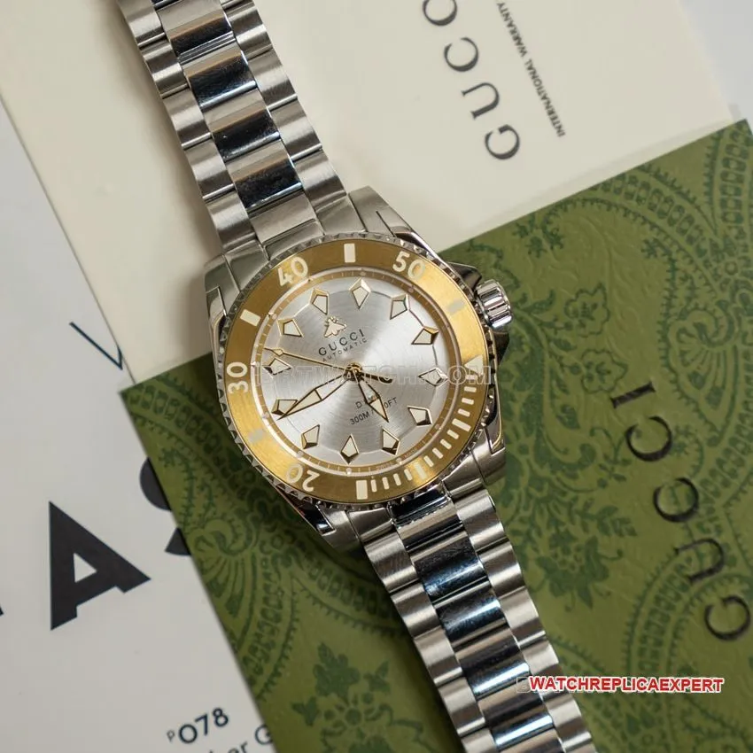 Gucci top-tier 1:1super clone2024 new silver white dial gold plated steel bracelet model YA136357caseback live photo