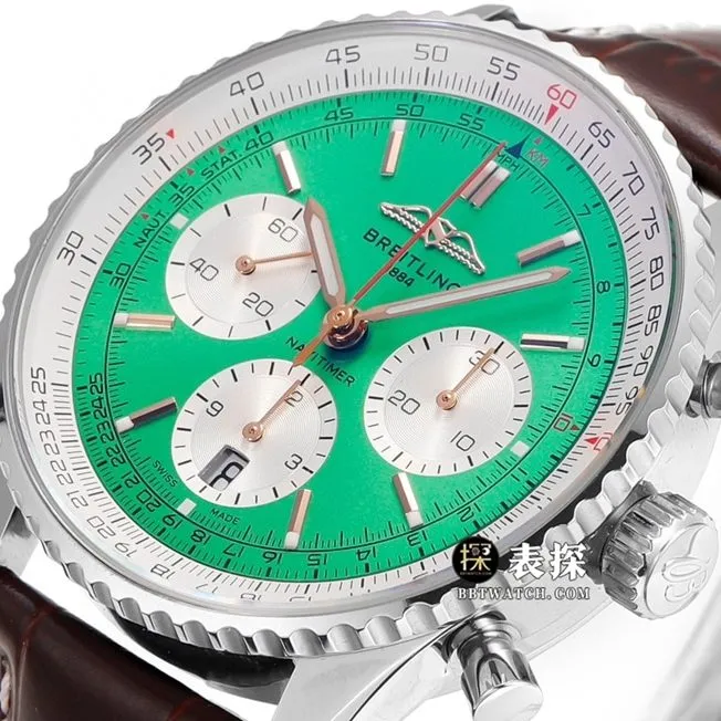 BLS aviation chronographBreitling1:1replica watch green dialleather strap model AB01388A1L1P1side live photo
