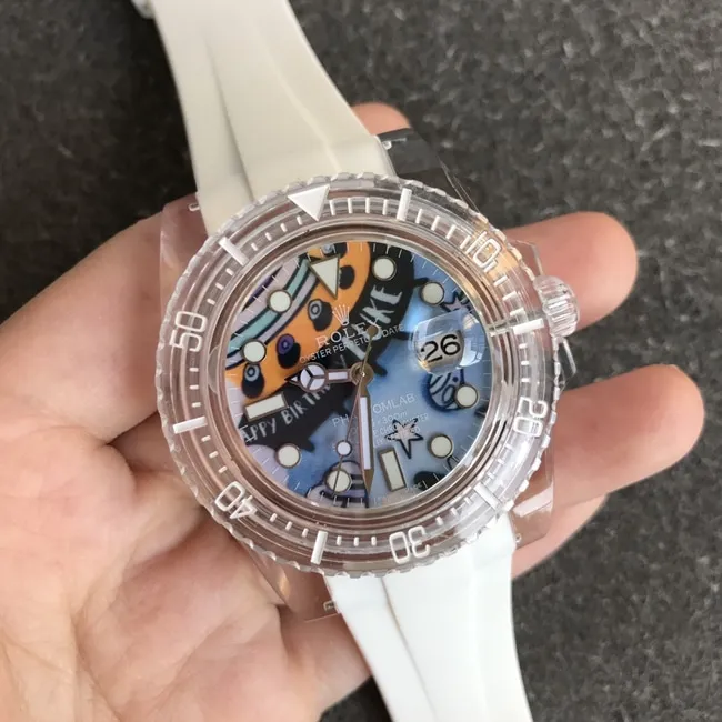top-tier replicaRolex men's blue dialrubber strap crystal series mechanical watch clasp picture