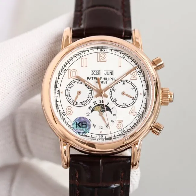 top-tier watch Patek Philippe rose gold white background complex function chronograph series men's mechanical watch detail shots