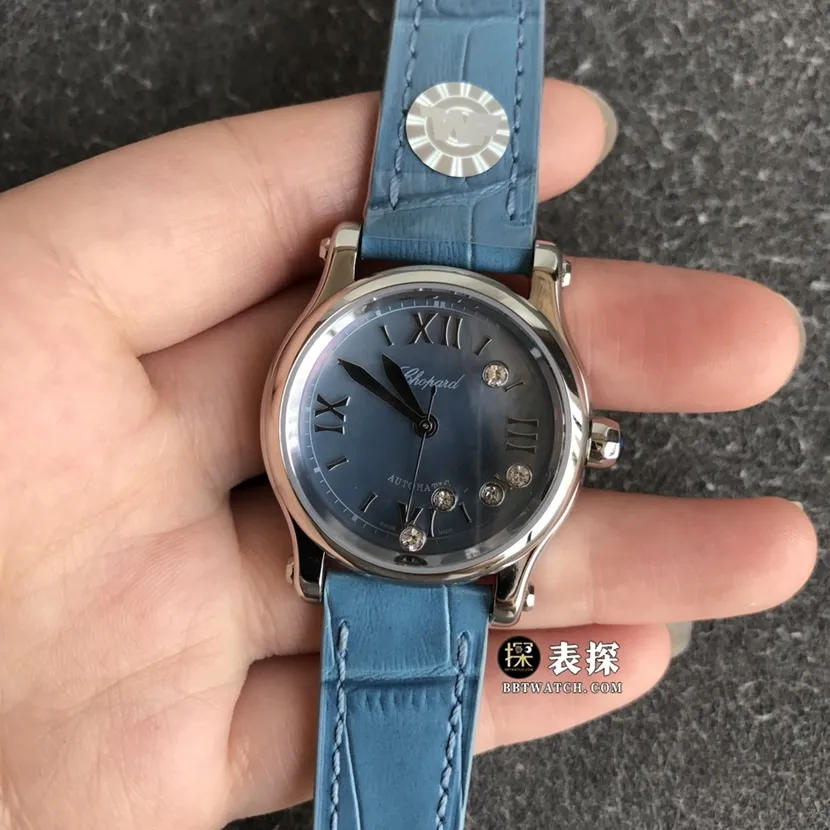 TWF factory Chopard women's five-bead happy diamond watch blue dialleather strap model pictures and prices side live photo