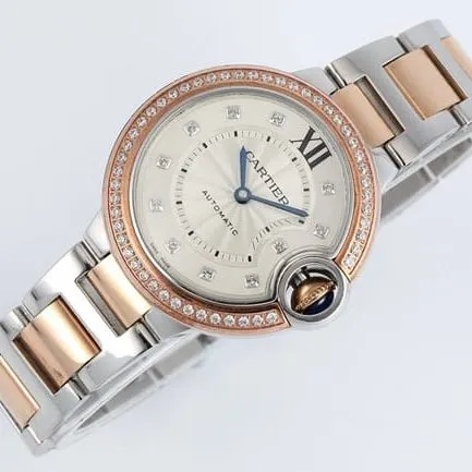V6 factory top-tier watch Cartier women's white dial gold band blue balloon series automatic movement watch side view