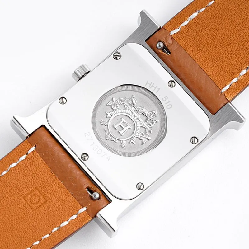 Fine imitation Hermes women's watches top quality HeureH series quartz square fashion watches brown strap white disk side view