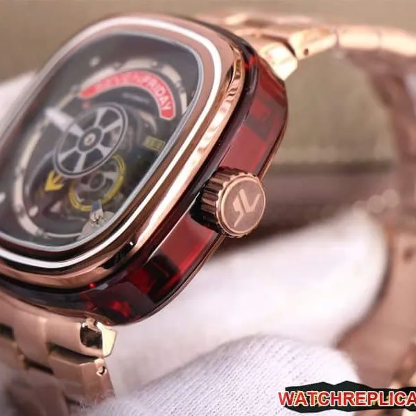 Seven day display five watch rose goldblack dial SEVENFRIDAY/automatic movementmen's watch Swiss steel bracelet large dial hollow front view